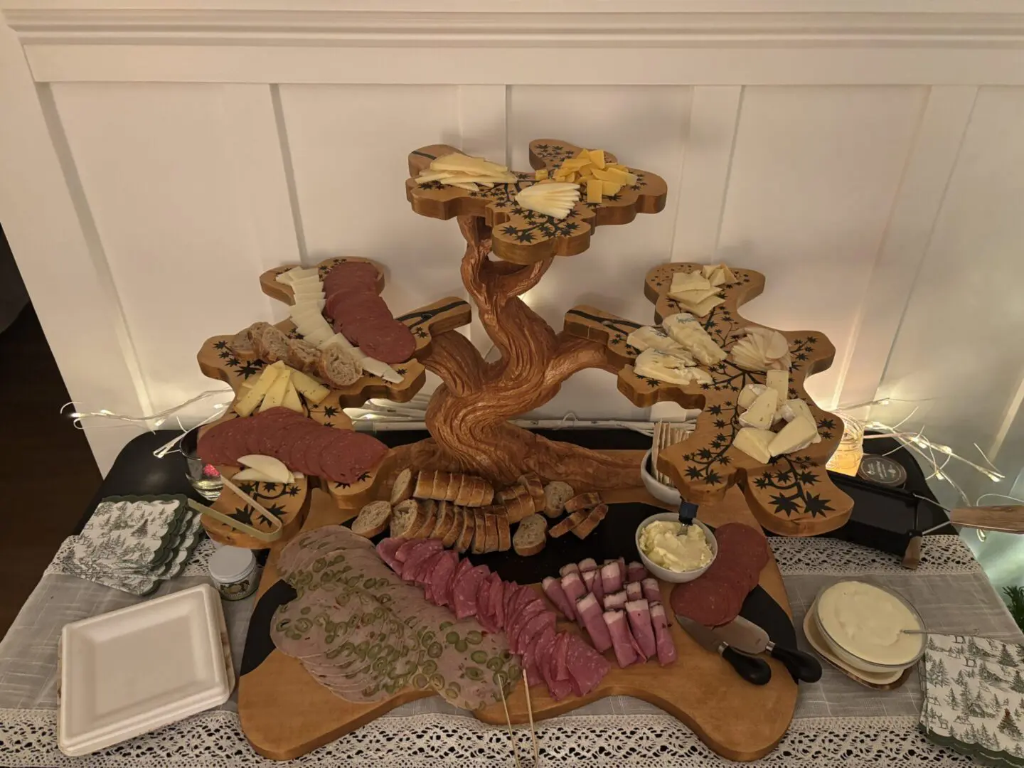 Tree-shaped charcuterie display with meats and cheeses