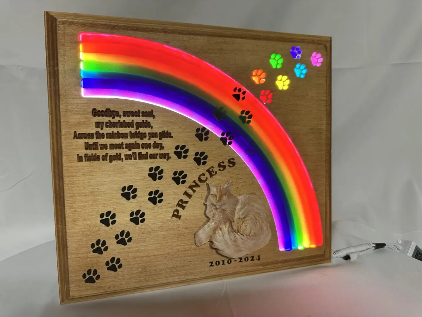 Wooden pet memorial plaque with rainbow lights