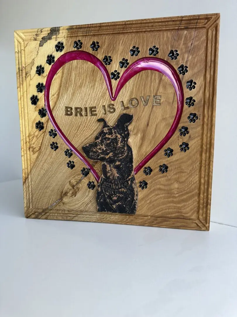 Wooden plaque with dog, heart, paw prints