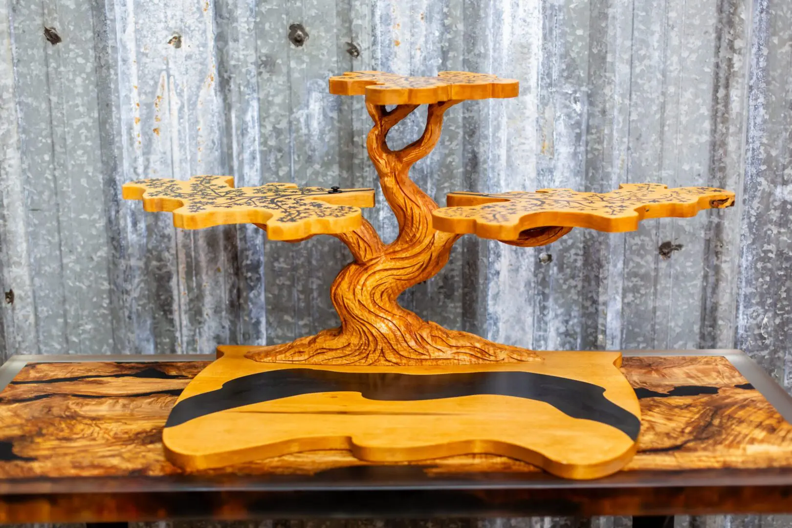 Carved three-tier wooden bonsai display stand