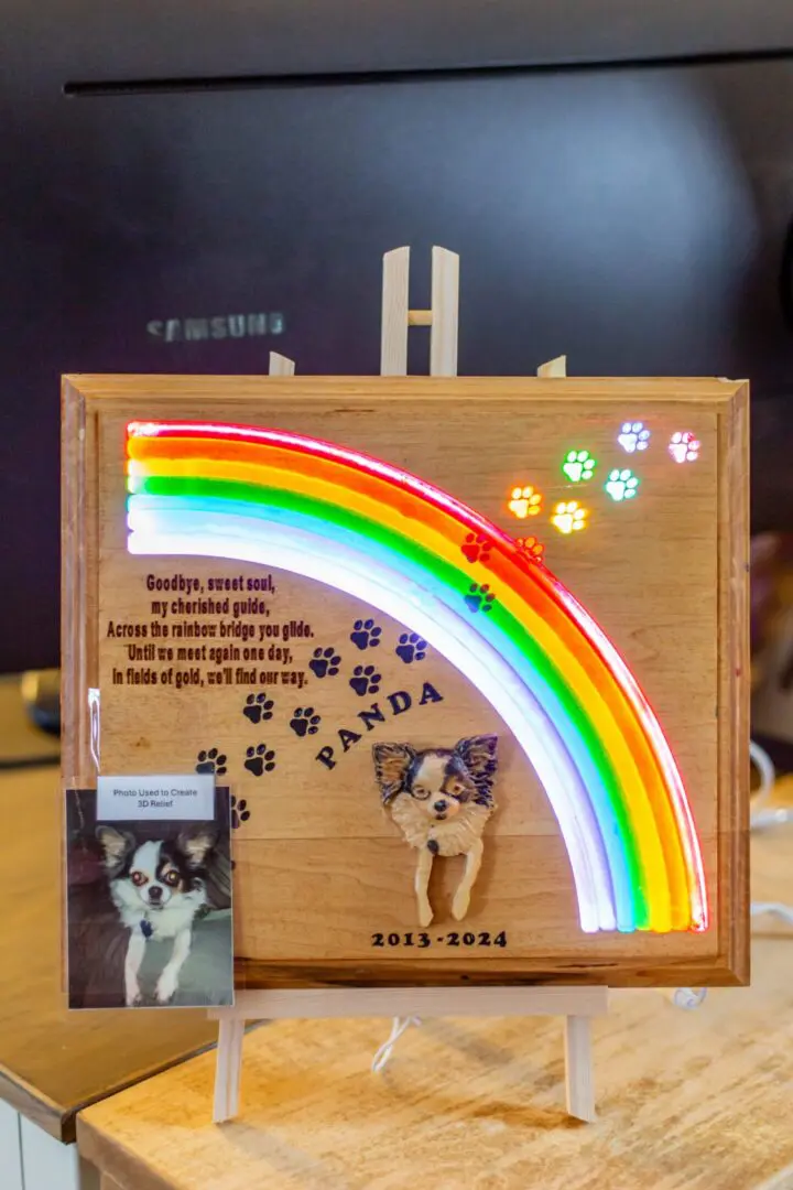 Dog memorial plaque with rainbow LED lights