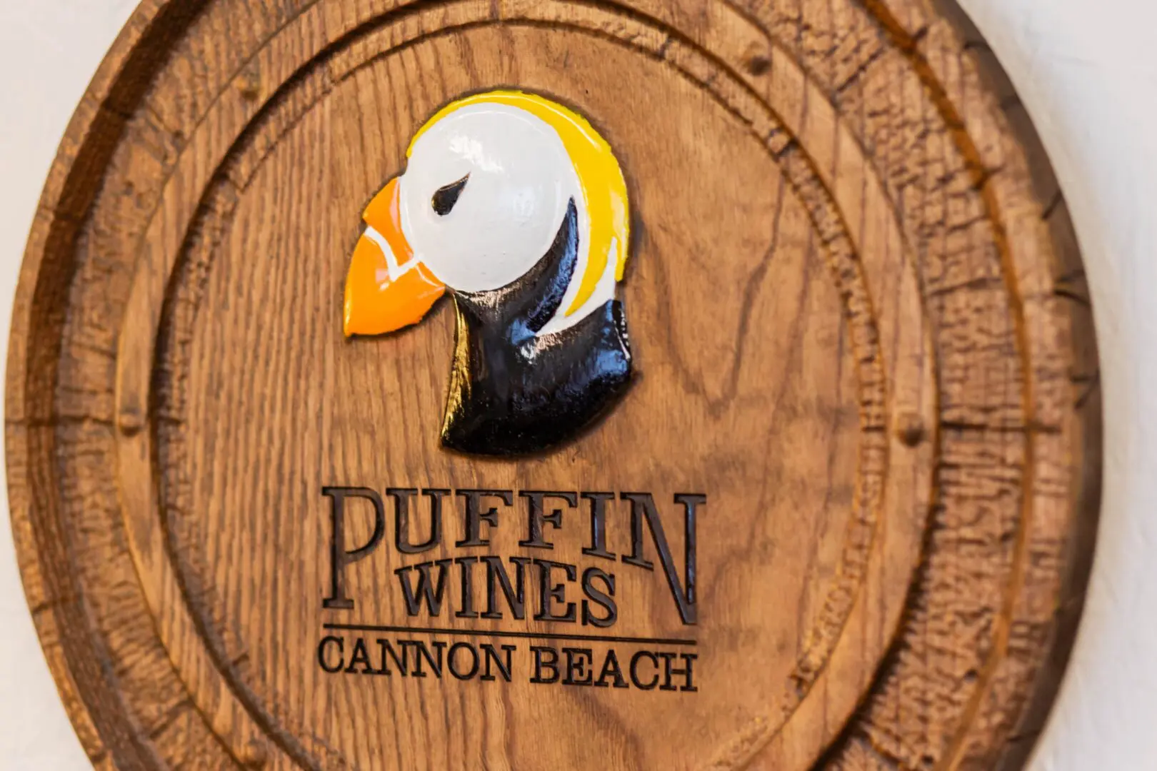 Duffin Wines puffin logo on wooden barrel